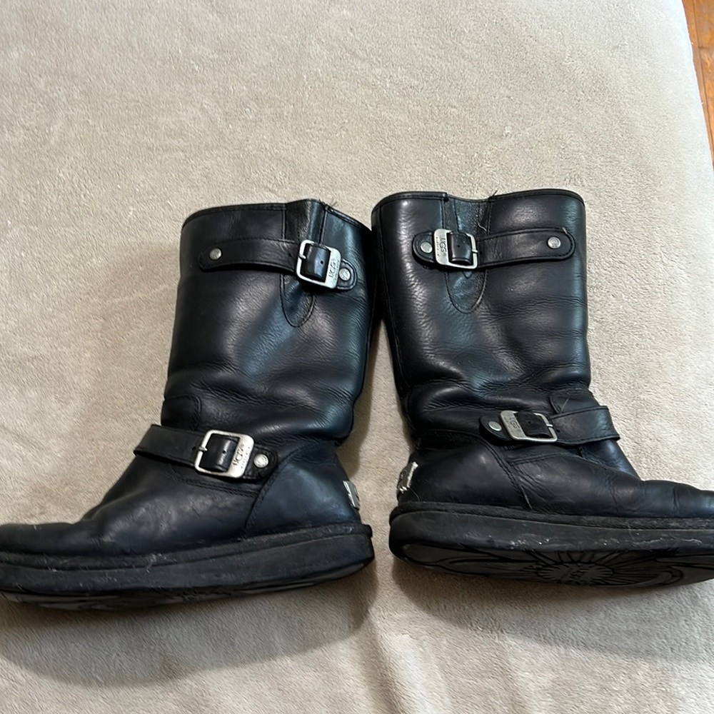 Ugg black motorcycle boots with silver buckle details size 7